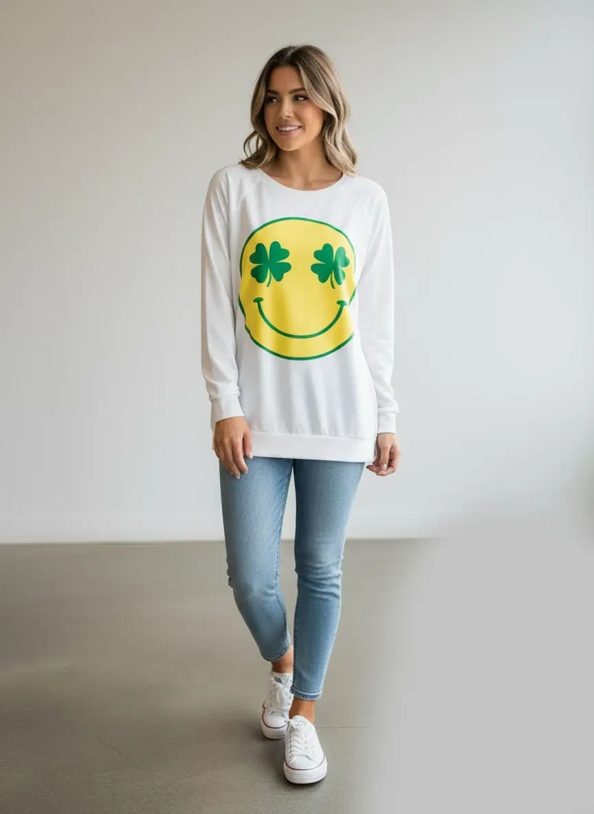 St. Patrick's Smile Face with Clover Graphic Long Sleeve Ivory Top - Medium (Each)