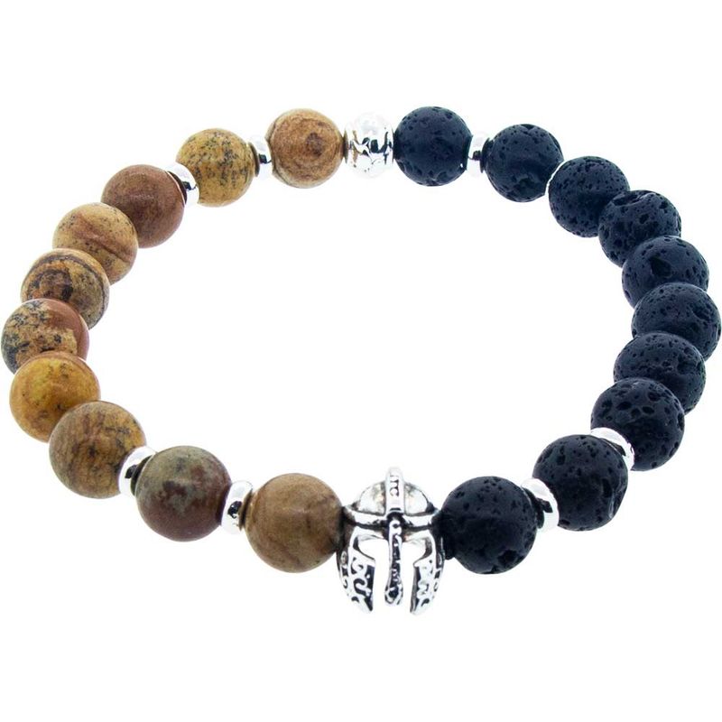 Elastic Bracelet 8mm Round Bead - Picture Jasper &amp; Lava w/ Warrior Helmet