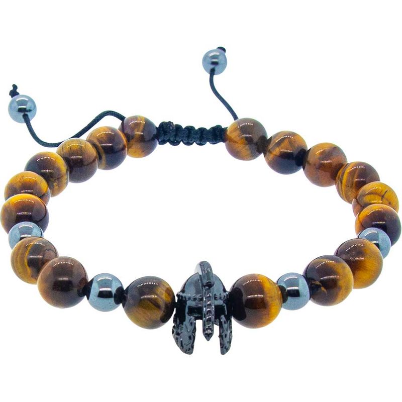 Adjustable Bracelet 8mm Round Bead - Tiger Eye &amp; Hematite w/ Warrior Helmet
