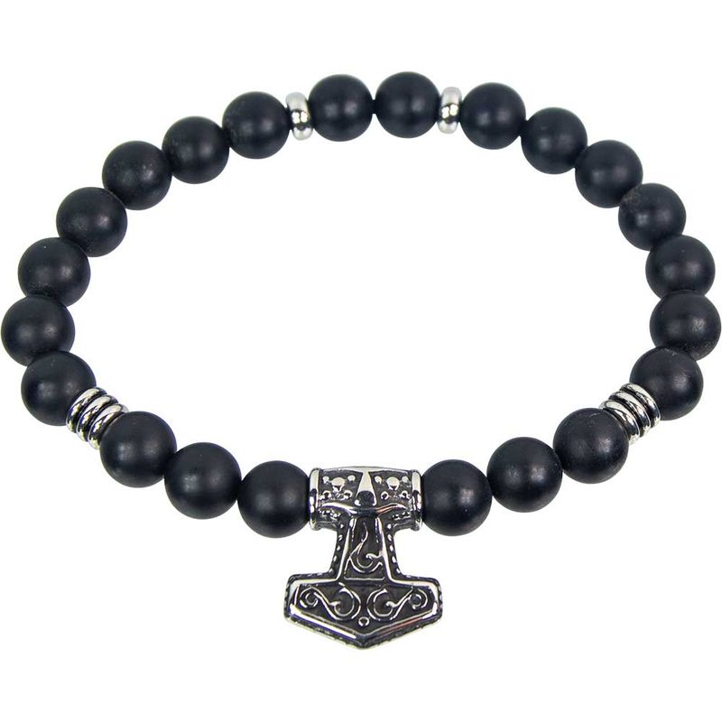 Elastic Bracelet 10mm Round Bead - Matte Black Agate w/ Viking Hammer