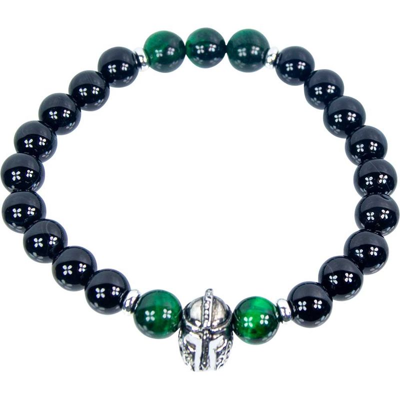 Elastic Bracelet 8mm Round Bead - Black Agate &amp; Green Tiger Eye w/ Warrior Helmet