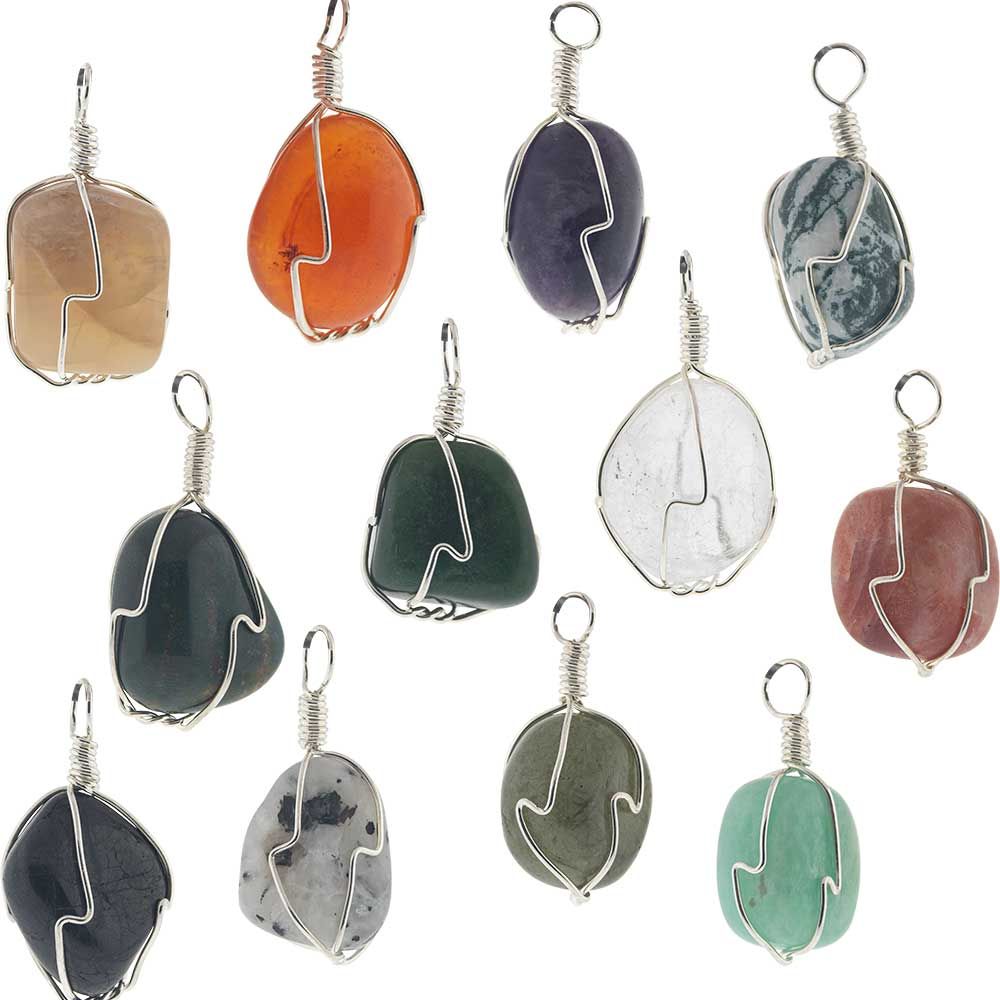 Large Wire Wrapped Tumbled Stone Pendants - Asstd Stones
