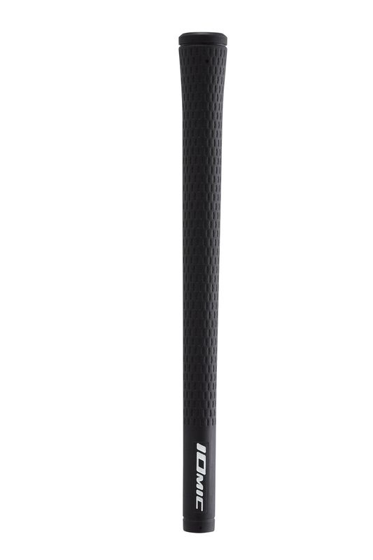 Iomic Sticky 2.3 golf grip in Black showing the proprietary texture and end cap design