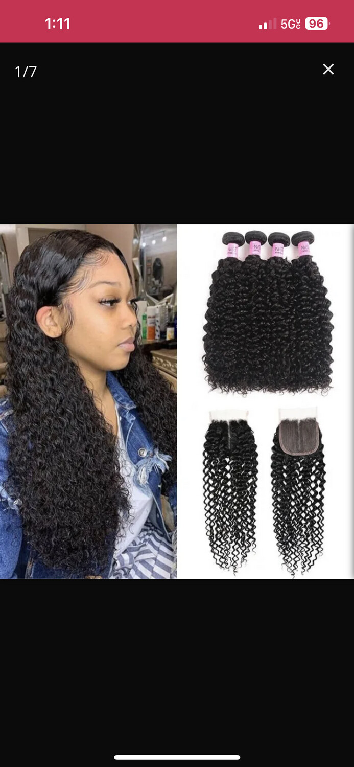 Jerry Curly Hair 4 Bundles with Upgrade T Part Closure Middle Part Virgin Hair for Women