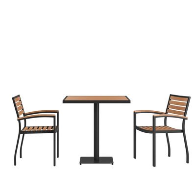 3 Piece Patio Dining Table Set - 30" Faux Teak Table, 2 Stacking Club Chairs