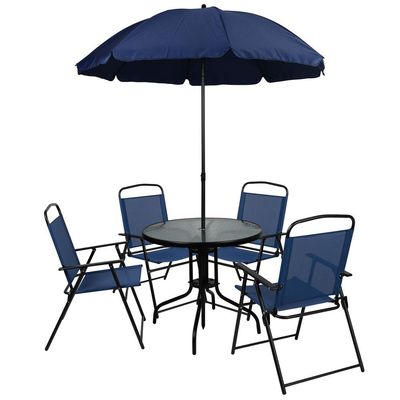 6 Piece Navy Patio Garden Set with Umbrella Table and Set of 4 Folding Chairs