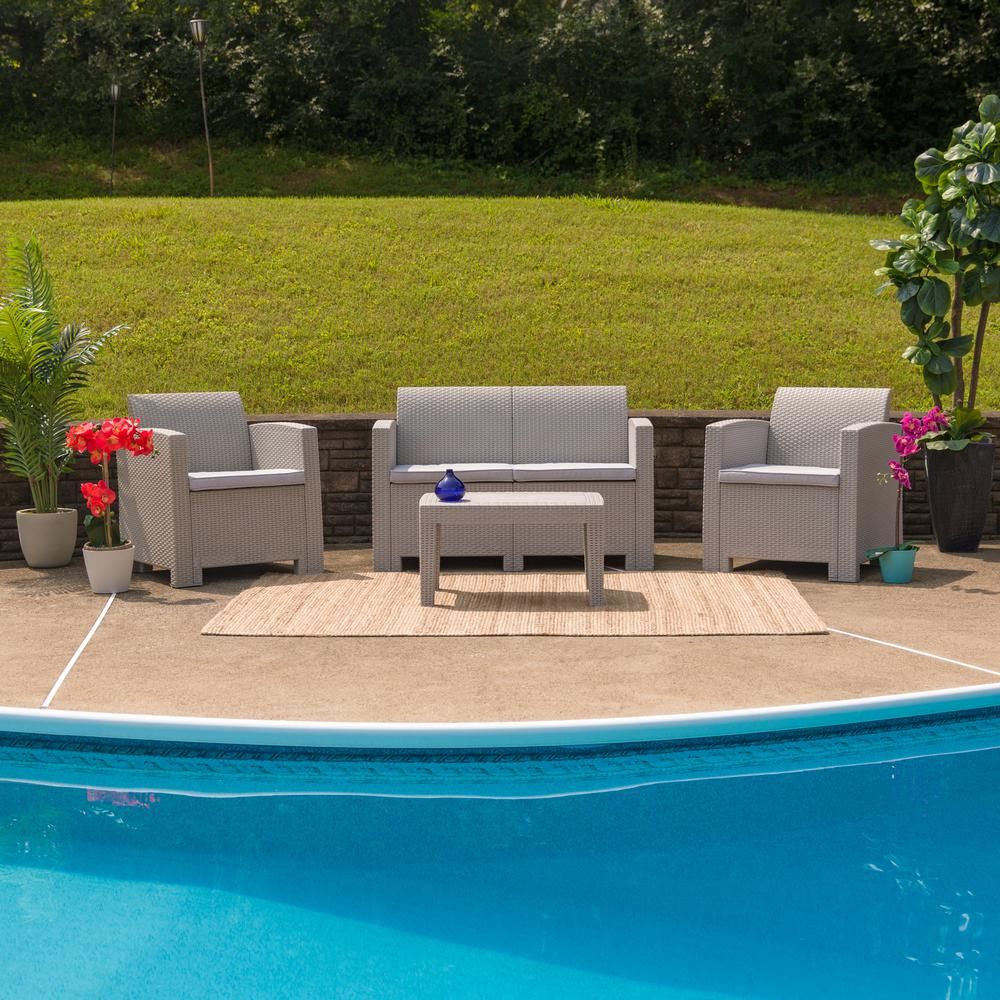 4 Piece Outdoor Faux Rattan Chair, Loveseat and Table Set in Seneca Light Gray