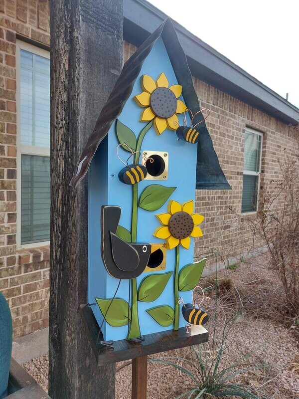 Whimsical Crow Sunflower 2 Hole Birdhouse