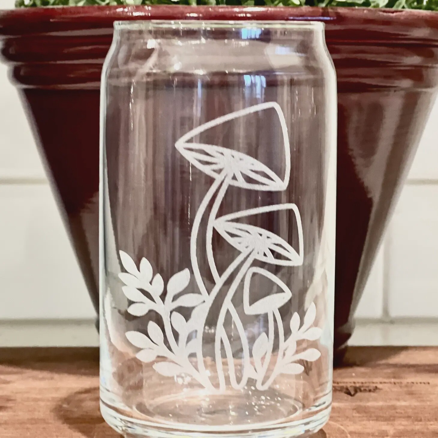 Engraved Mushroom Design Beer Can Glass - Iced Coffee