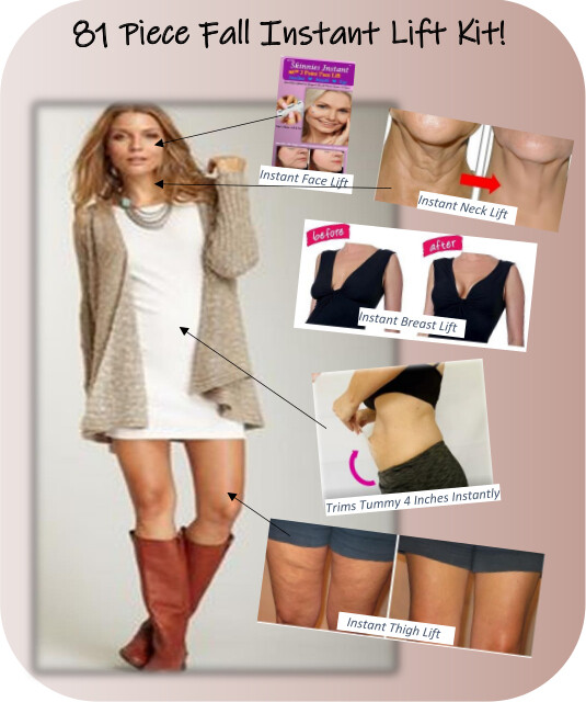 DEAL!  81 Piece Fall Fashion Lift Kit!  Includes 5 Pair Thigh Lifts, 5 Tummy Tucks, 3 Pair Breast Lifts, 15 Pair Neck Lifts & 15 Pair Face Lifts.  Use Coupon FALL81  Reg $106!  TODAY $79.95