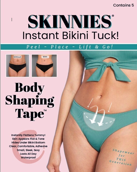 Skinnies Instant Bikini Tuck is tucks & flattens tummy & is WATERPROOF. Get  a Tight Looking Tummy While Showing Mid-Section - Shark Tank Product!