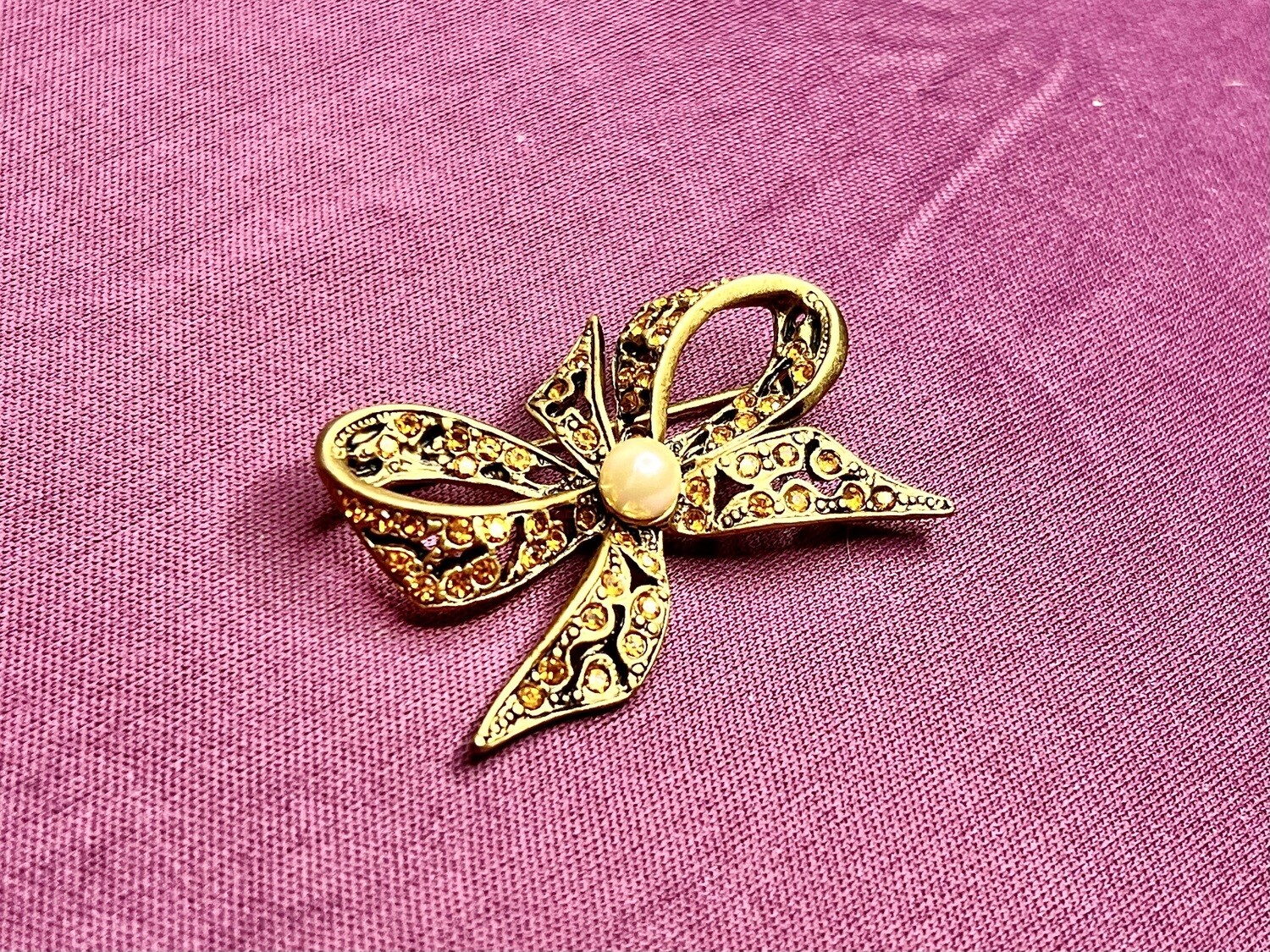 Amber Rhinestone Ribbon Brooch