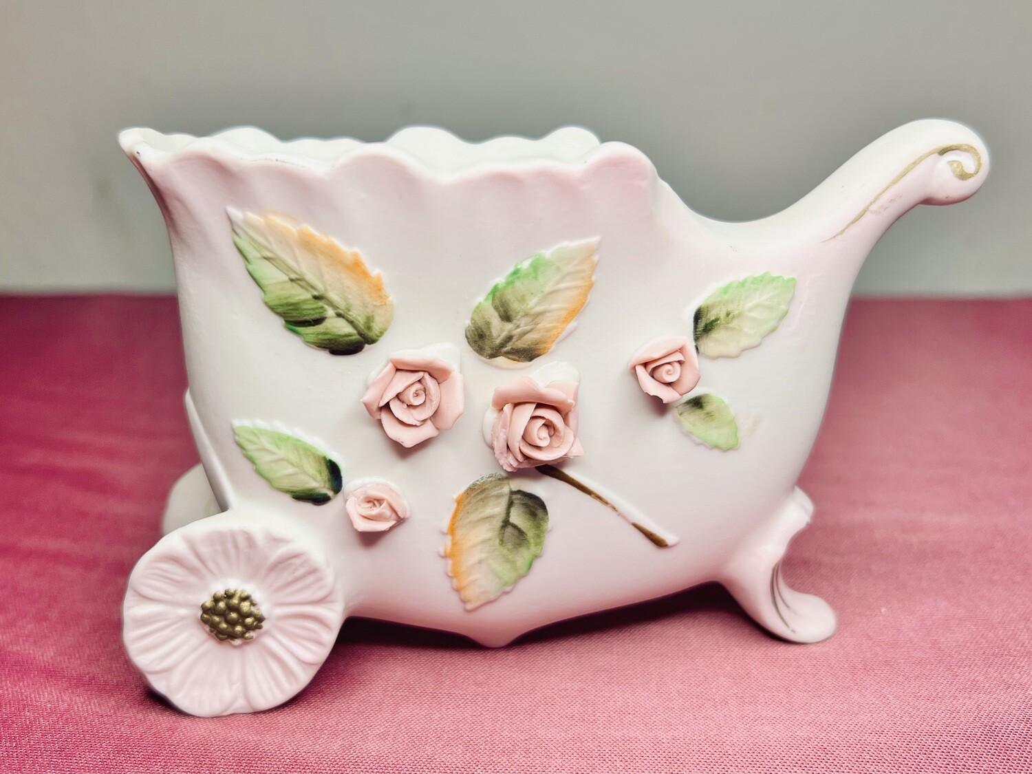 Lefton China Pink Bisque Gilded - Wheelbarrel