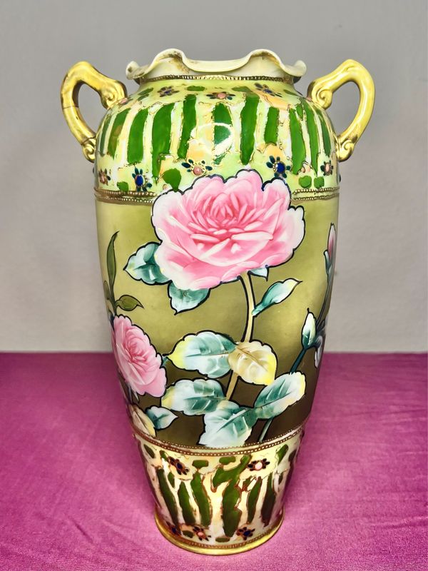 Antique Moriage Nippon Pink Rose Vase - Noritake