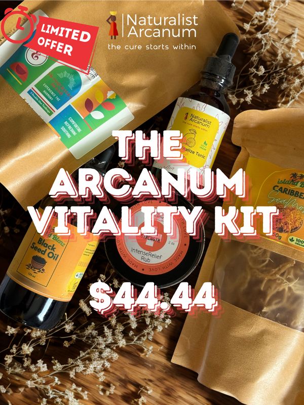 The Arcanum Vitality Kit – Sea Moss, Black Seed Oil, Herbal Tonic & Tea Bundle for Gut Health, Stress Relief, and Natural Pain Support The Arcanum Vitality Kit – Sea Moss, Black Seed Oil, Herbal Tonic & Tea Bundle for Gut Health, Stress Relief, and Natural Pain Support