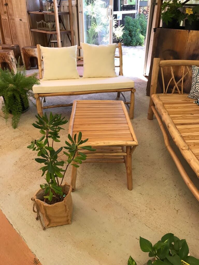 Conjunto sillón y mesa estilo primitivo madera Teka