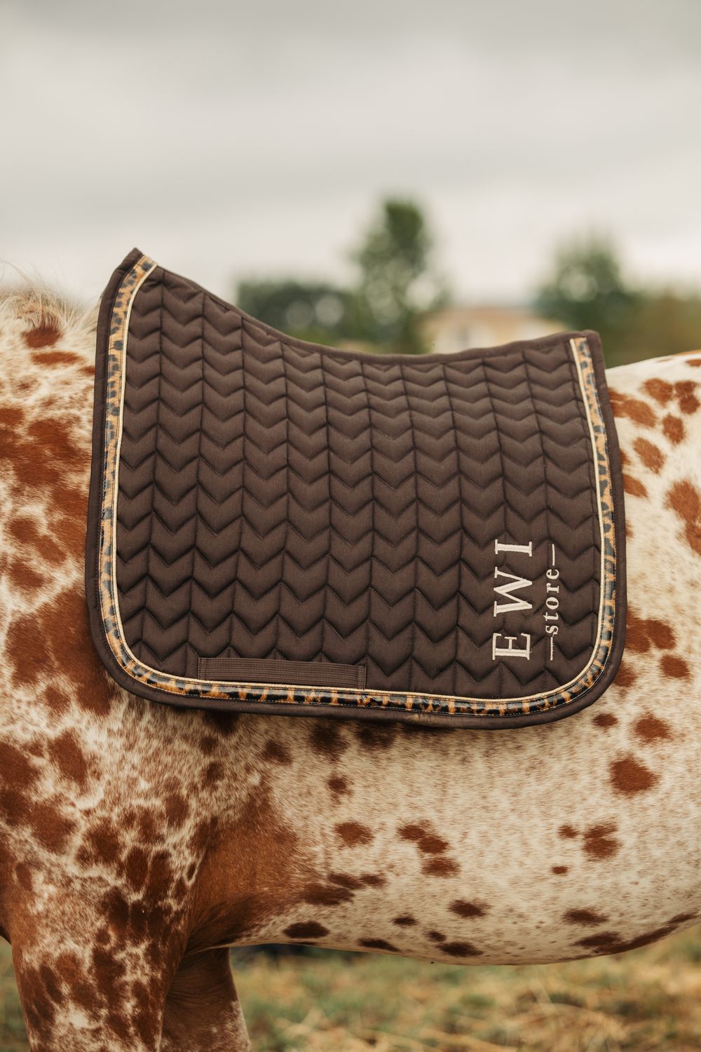 Tapis de selle coupe dressage  coton chocolat liseré léopard