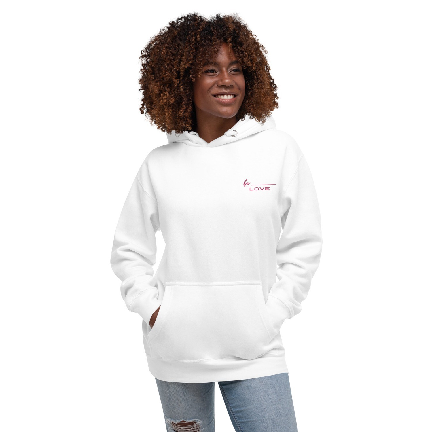Special Edition: Pink and White Embroidered Be Love Unisex Hoodie (with sleeve embroidery)