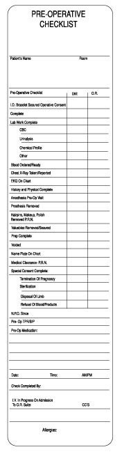 Pre-Operative Checklist Label - Contact for Quote