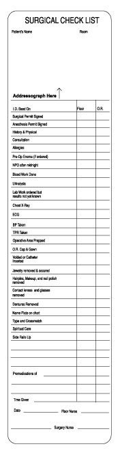 Surgical Checklist Label - Contact for Quote