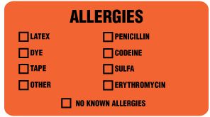 ALLERGIES/LATEX, DYE, TAPE, etc. Label