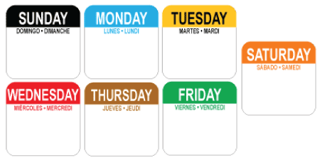 1 1" SUN - SAT (Trilingual - Full Week Set) Water Dissolvable Labels