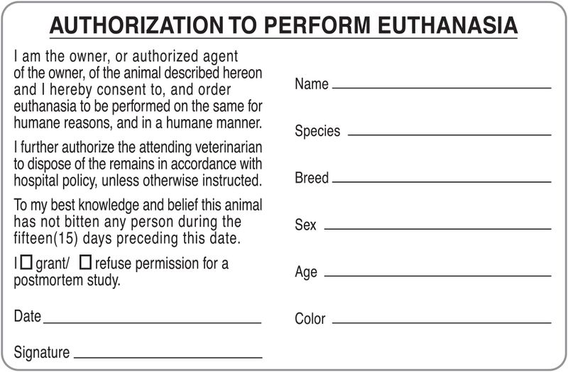 AUTHORIZATION TO PERFORM EUTHANASIA Labels (Detailed Postmortem Study Option)