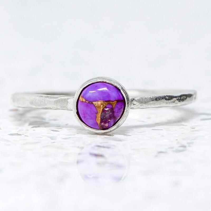 Beaten Silver Stacking Ring With Purple And Copper Turquoise By Fi Mehra