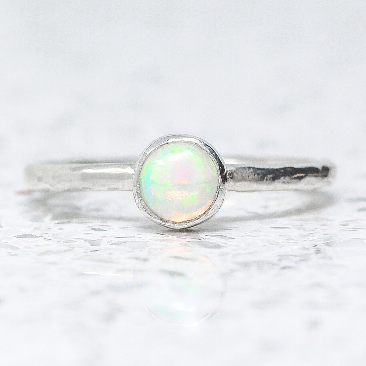 Beaten Silver Ring With Opal By Fi Mehra