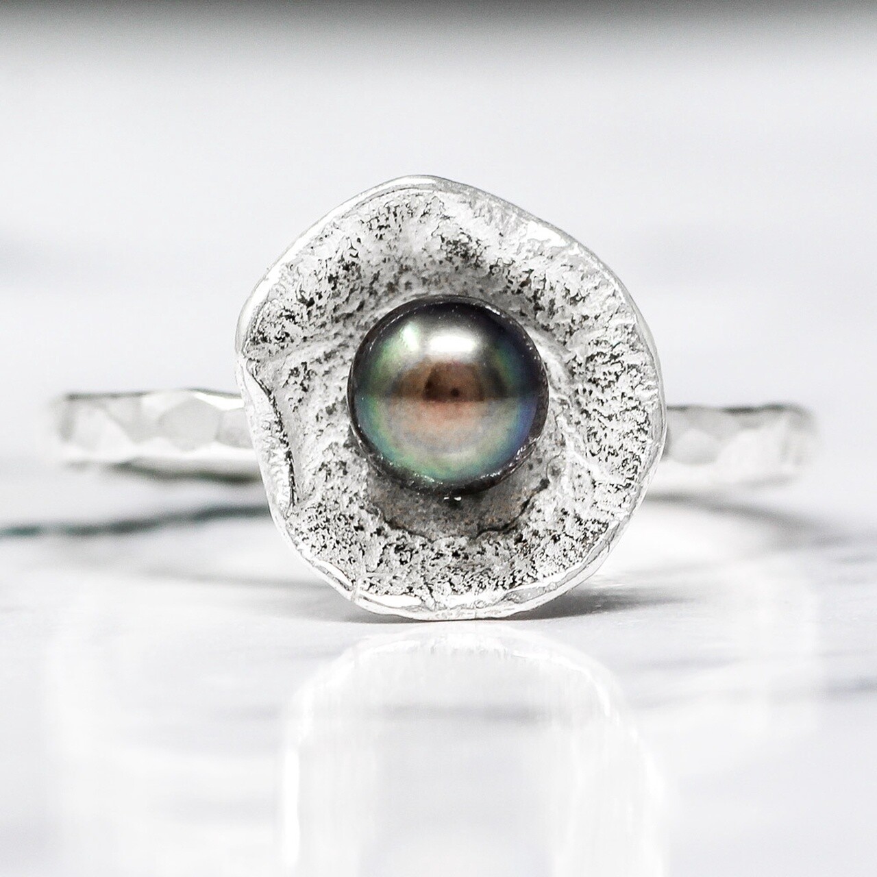 oyster cup silver ring with peacock pearl by fi mehra