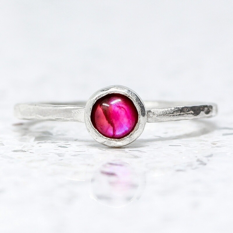Beaten Silver Ring With Pink Abalone By Fi Mehra