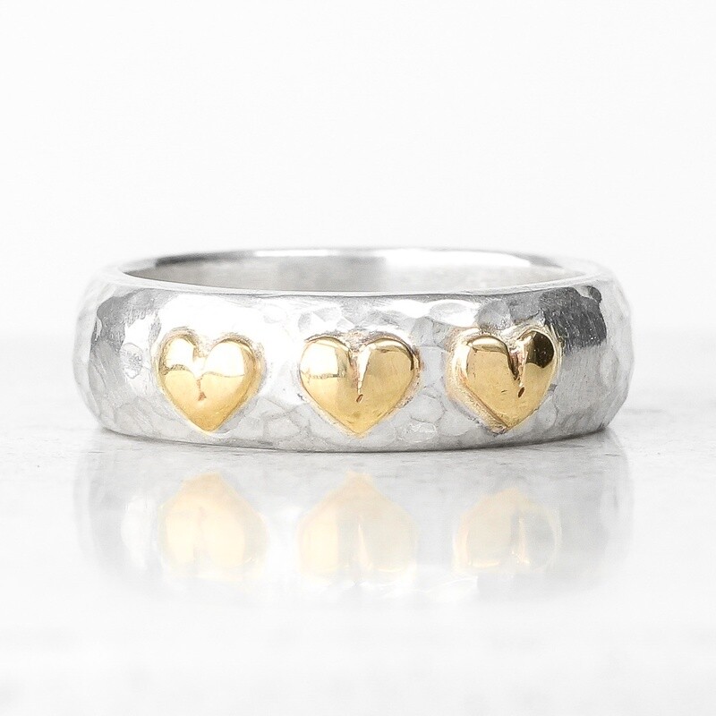 Three Gold-Plated Hearts Hammered Wide Silver Ring By Fi Mehra