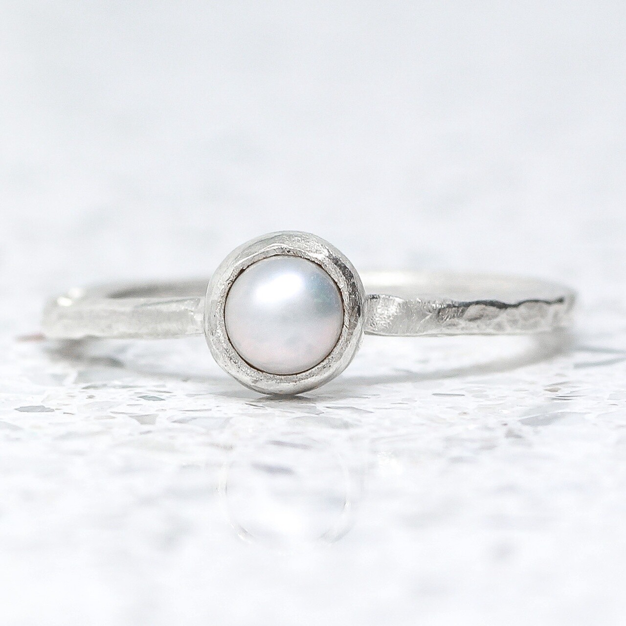 Beaten Silver Ring With Grey Pearl By Fi Mehra
