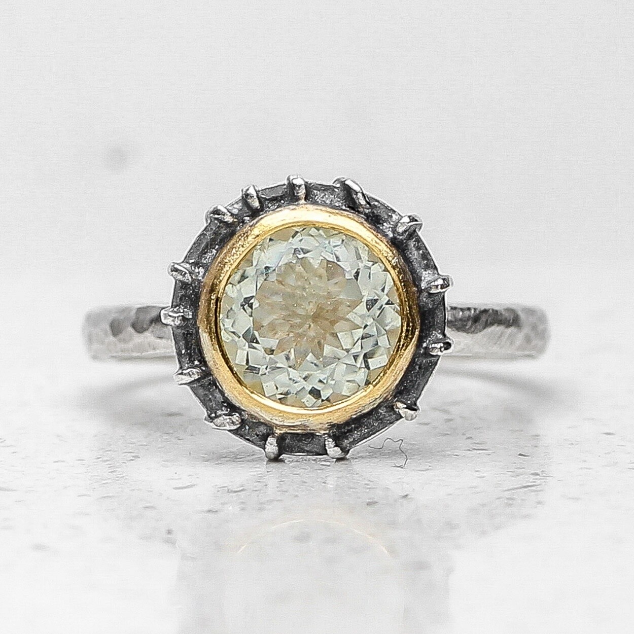 One-Off 8mm Aquamarine Oxidised Silver And Gold Ring By Adele Taylor