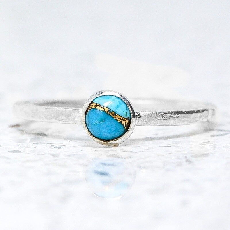 Beaten Silver Stacking Ring With Blue And Copper Turquoise By Fi Mehra