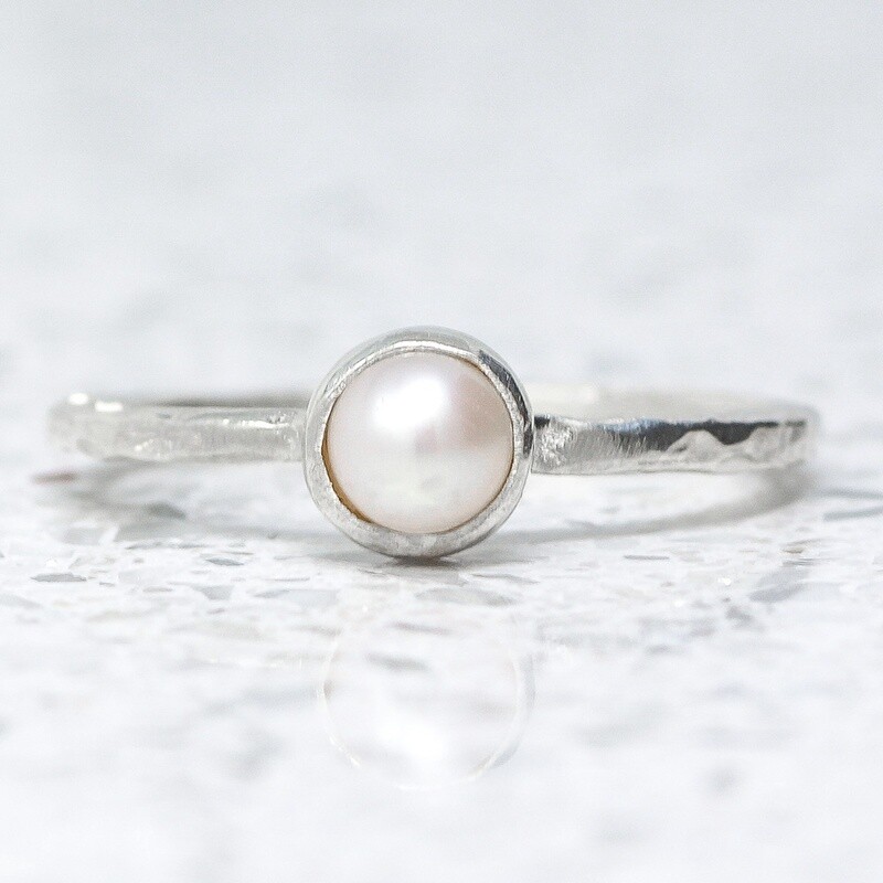 Beaten Silver Ring With Cream White Pearl By Fi Mehra