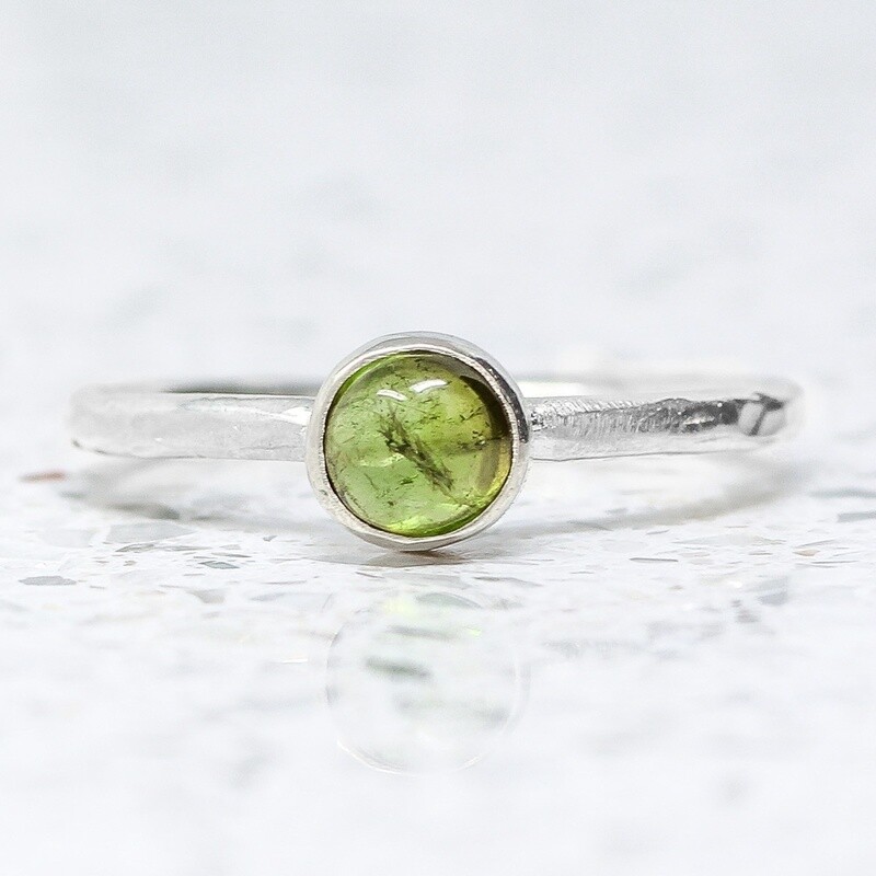 Beaten Silver Stacking Ring With Green Tourmaline By Fi Mehra