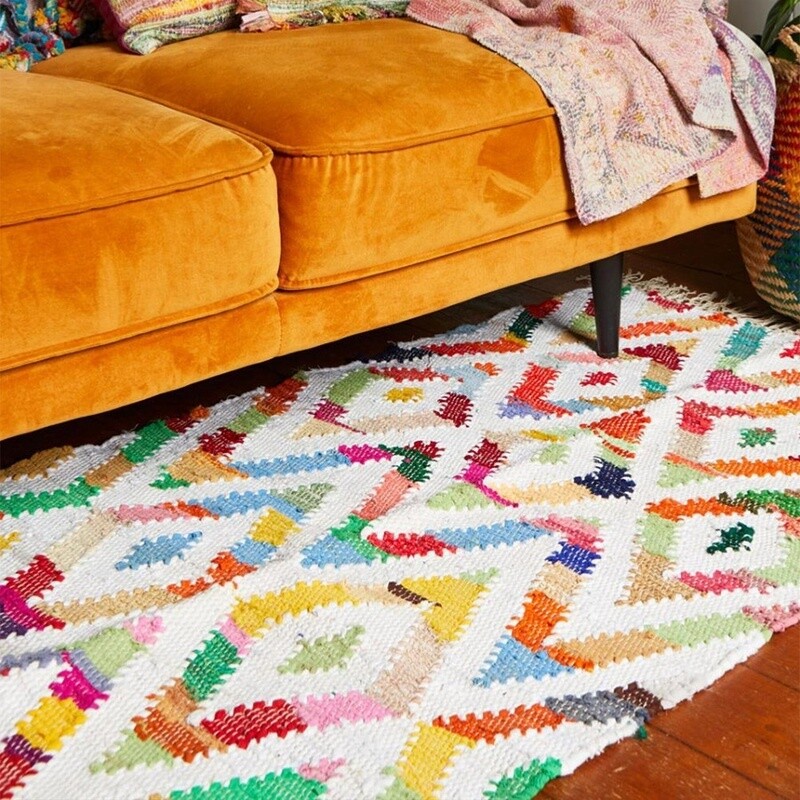 Dhurrie Recycled Cotton and Polyester Handwoven Rug - Diamonds