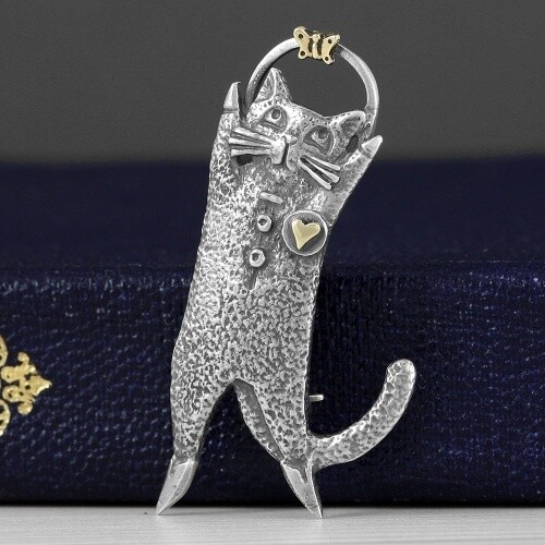 Leap of Faith Silver Cat Brooch by Nick Hubbard