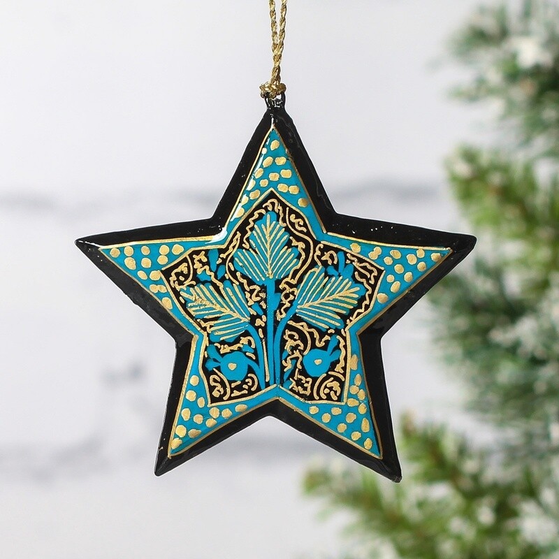 Hand Painted Papier Mâché Star Decoration - Chindar Three Leaf on Black by Fair to Trade