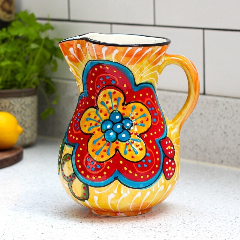 Classic Spanish Hand Painted Ceramic Jug (2 Litre) - Red/yellow Flower by Verano Ceramics