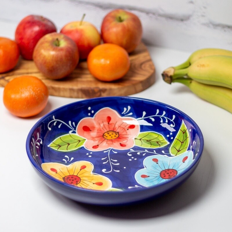 Classic Spanish Hand Painted Ceramic Shallow Bowl (23cm) - Pink Flower by Verano Ceramics