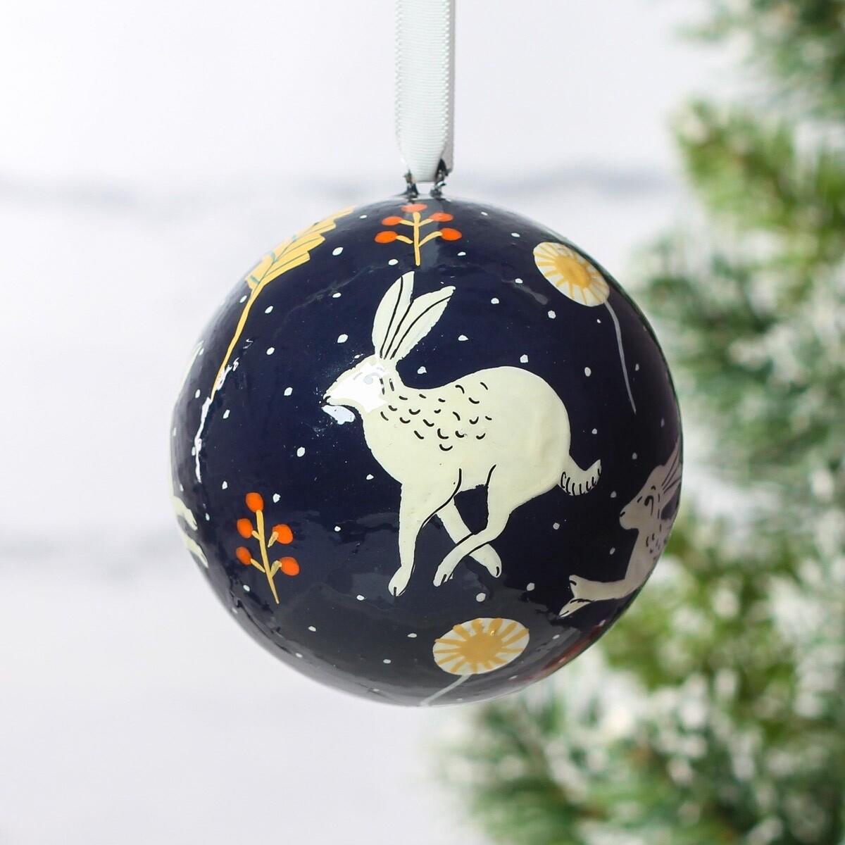 Hand Painted Papier Mâché Bauble - Hare in Snow by Fair to Trade