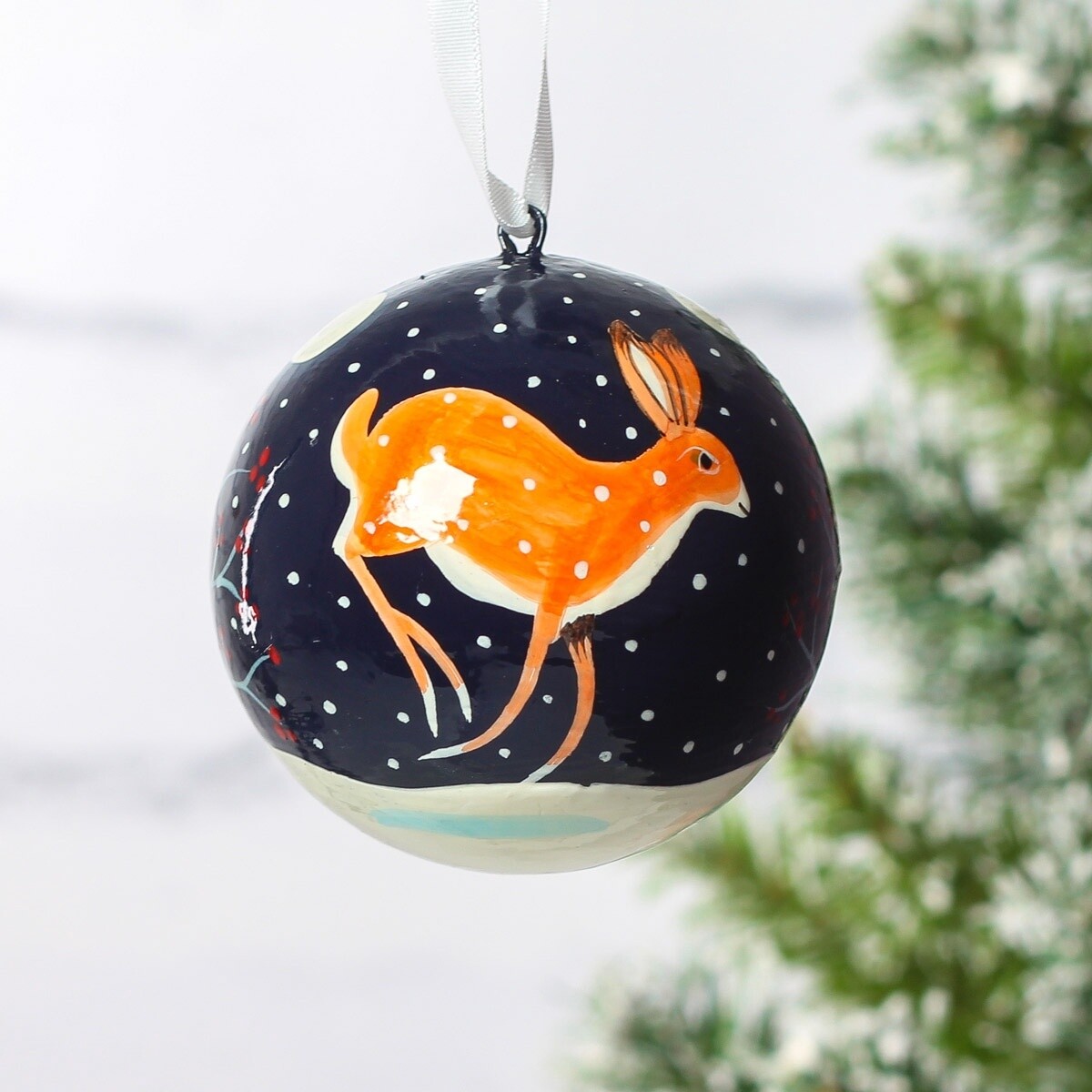 Hand Painted Papier Mâché Bauble - Winter Hare by Fair to Trade