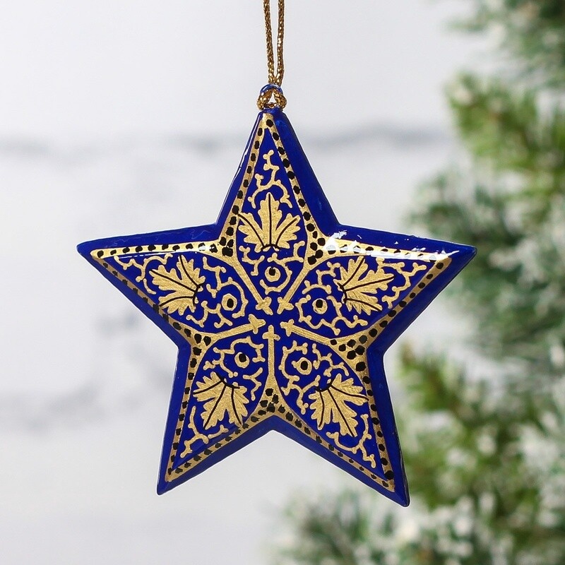 Hand Painted Papier Mâché Star Decoration - Chindar Gold on Blue by Fair to Trade