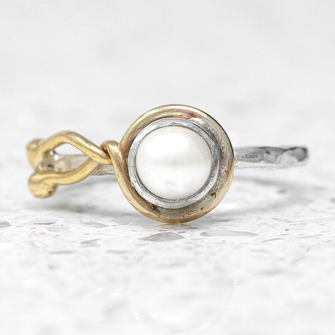White Pearl And Yellow Gold Twist Silver Ring By Fi Mehra