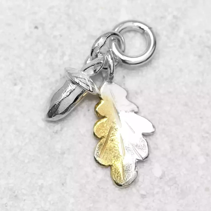 Acorn and Oak Leaf Gold Plated Silver Charm by Fi Mehra