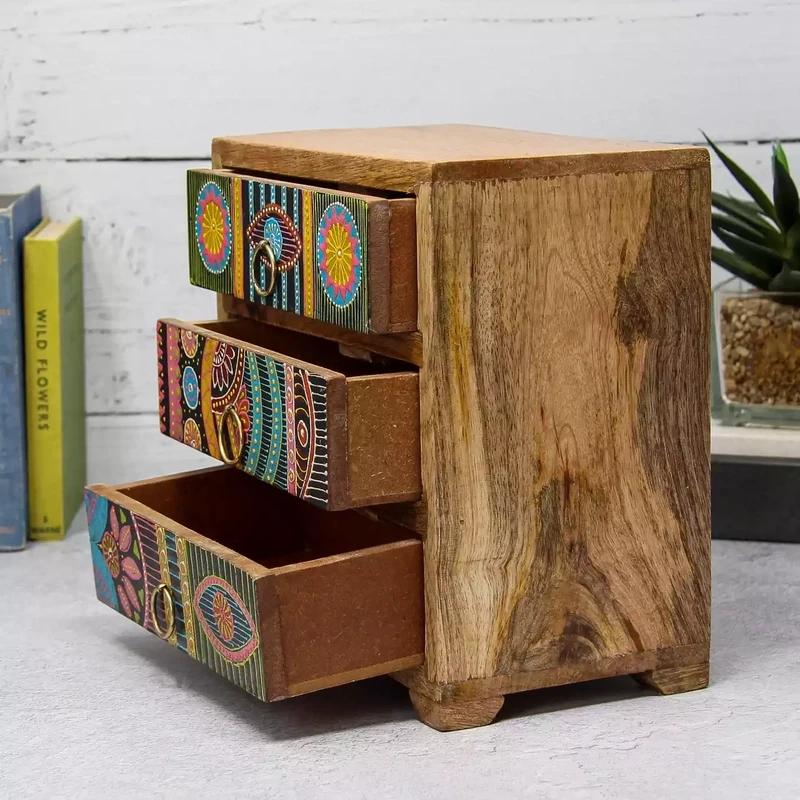 African Hand Painted Wooden Three-drawer Mini Chest by Namaste