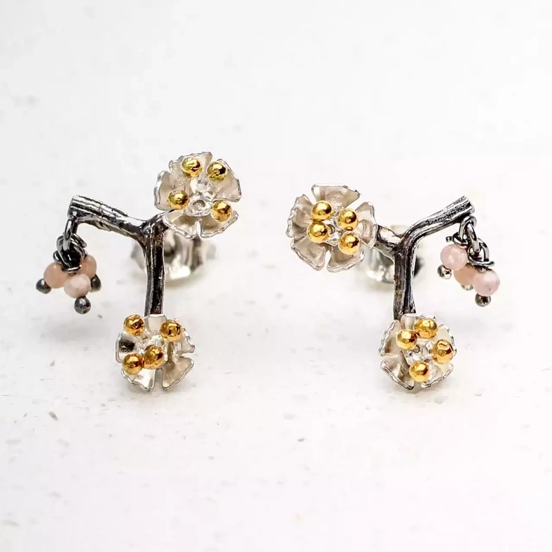 Almond Blossom Branch Silver and Gold Plated Stud Earrings by Amanda Coleman