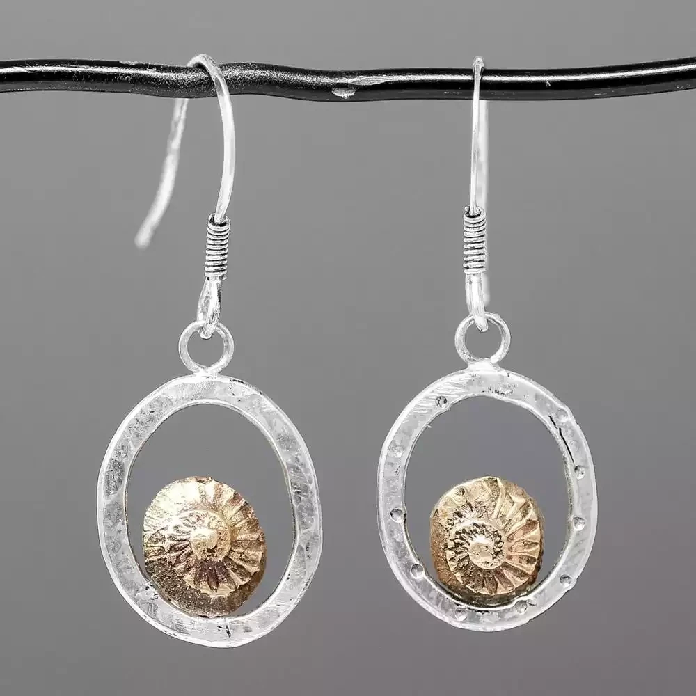 Ammonite in Hammered Hoop Silver and Bronze Drop Earrings by Xuella Arnold